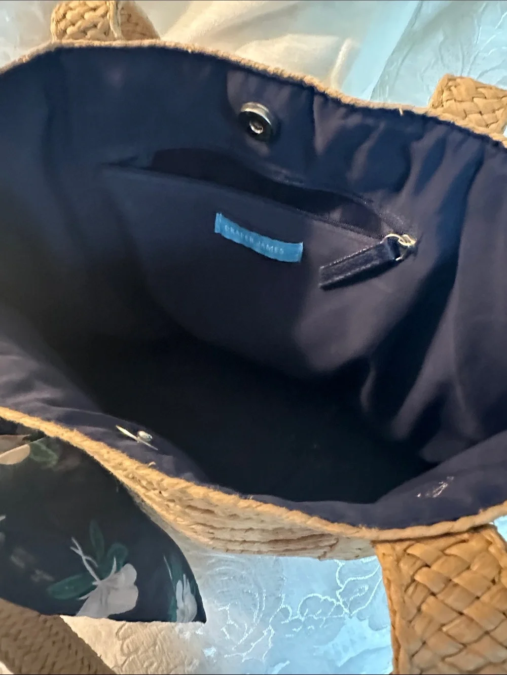 Draper James Beige Woven Straw Tote with Navy Floral Scarf